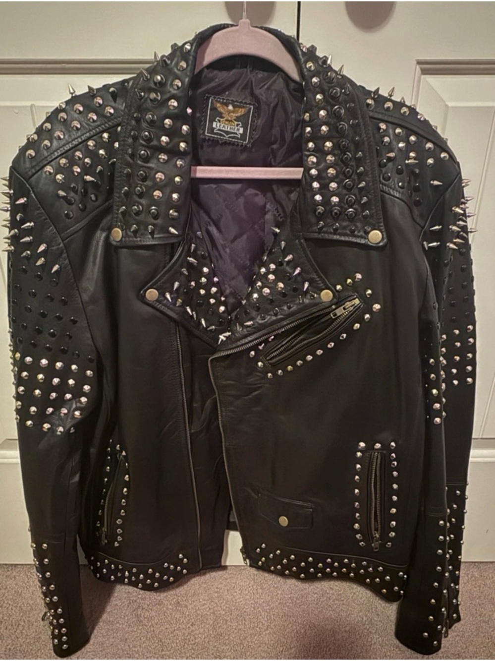 Leather Studded Biker Jacket - Black